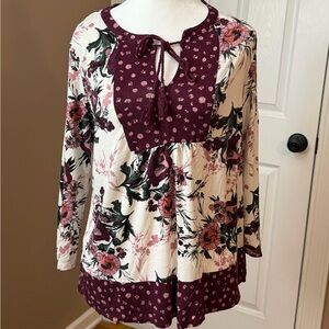 Floral Tie-Neck Women's Blouse in Burgundy and Cream